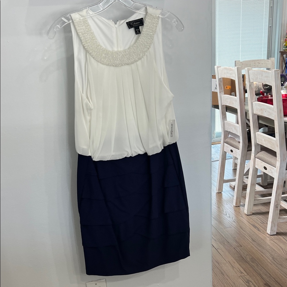 Connected Apparel White and Navy Midi Dress